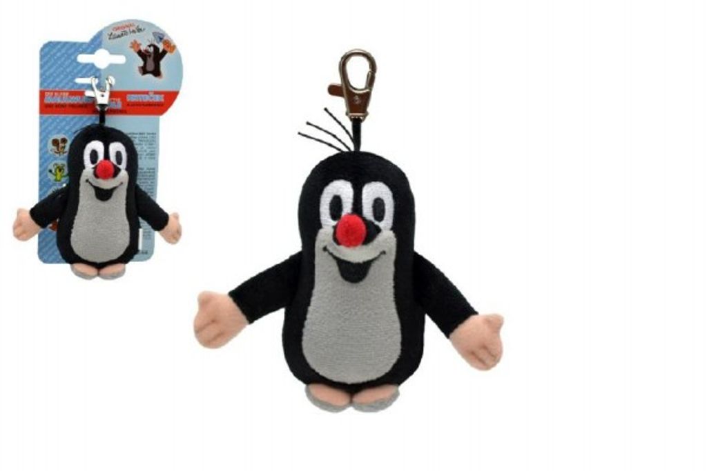 A plush toy mole keychain is shown, with a smaller version of the product and its packaging in the background.