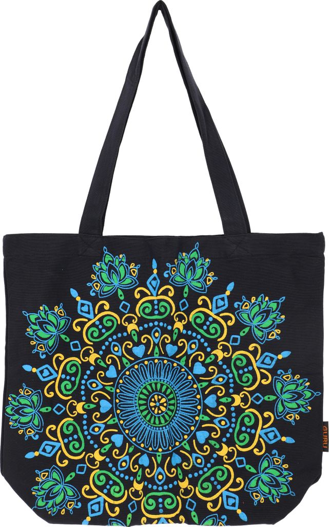 Hochwertige Boho Canvas Shopper Tasche, Mandala Yoga Schulterbeutel - Schwarz/grün, Uni - Erwachsene, Baumwolle, 40*44*24 cm, Alternative Umhänge...