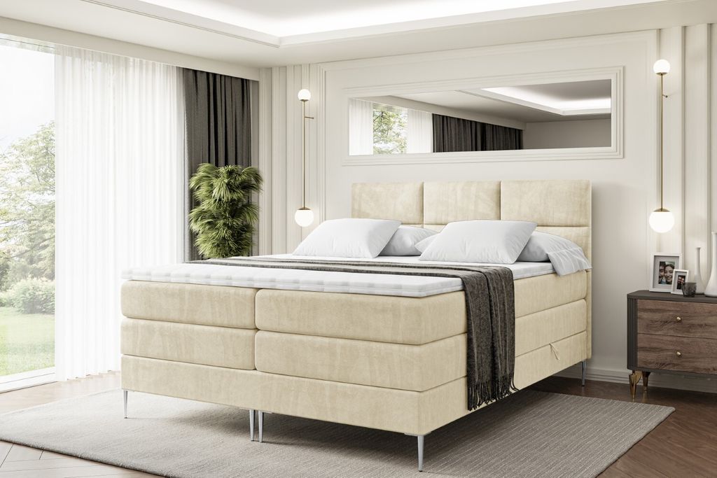 ALTDECOR Boxspringbett mit Silber Füßen, Matratze und Lattenrost, Topper, Polsterbett mit Bettkasten, Bett mit Stauraum H3- und H4- Matratze, Dop...