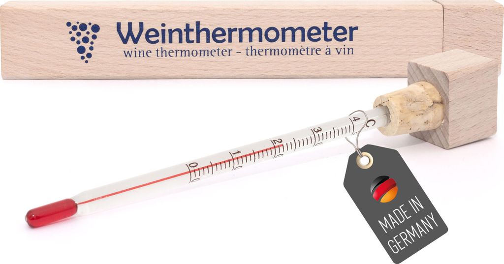 Weinthermometer Glas in Holzbox für Sekt Wein Weinglas Weinflasche Vino Thermometer Analog Temperatur angaben für Sekt Rotwein Weißwein