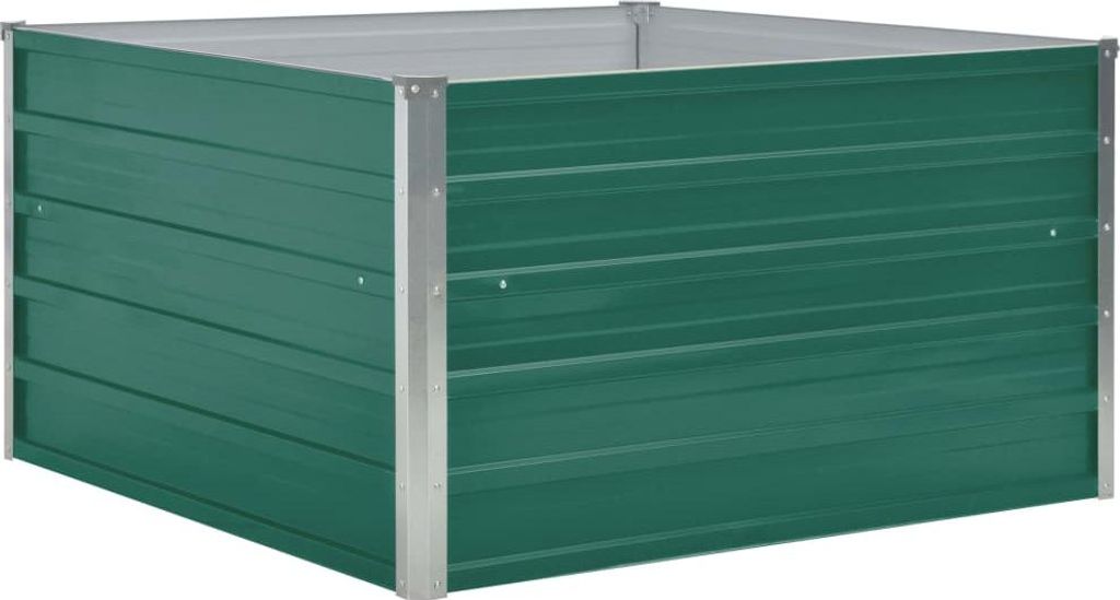 A green metal raised garden bed with silver corner supports, shown from a slightly elevated angle against a white background.