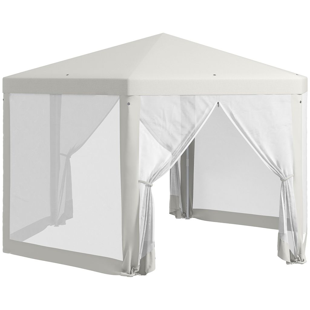 A white hexagonal gazebo with mesh sides and fabric curtains.
