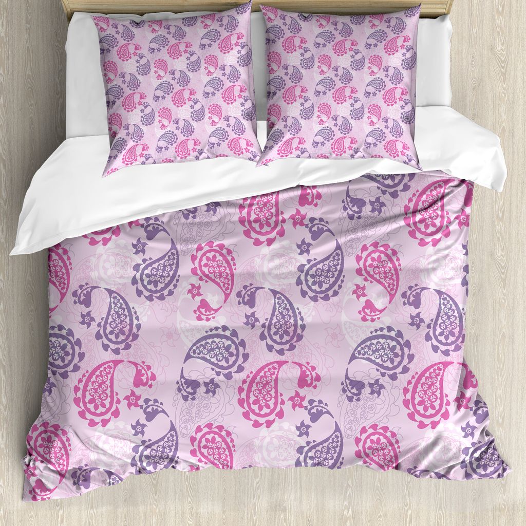ABAKUHAUS Paisley Bettbezugs Set Für Doppelbetten, Arabische Kunst Effekte, Milbensicher Allergiker geeignet mit Kissenbezügen, Fuchsienfarben Lila