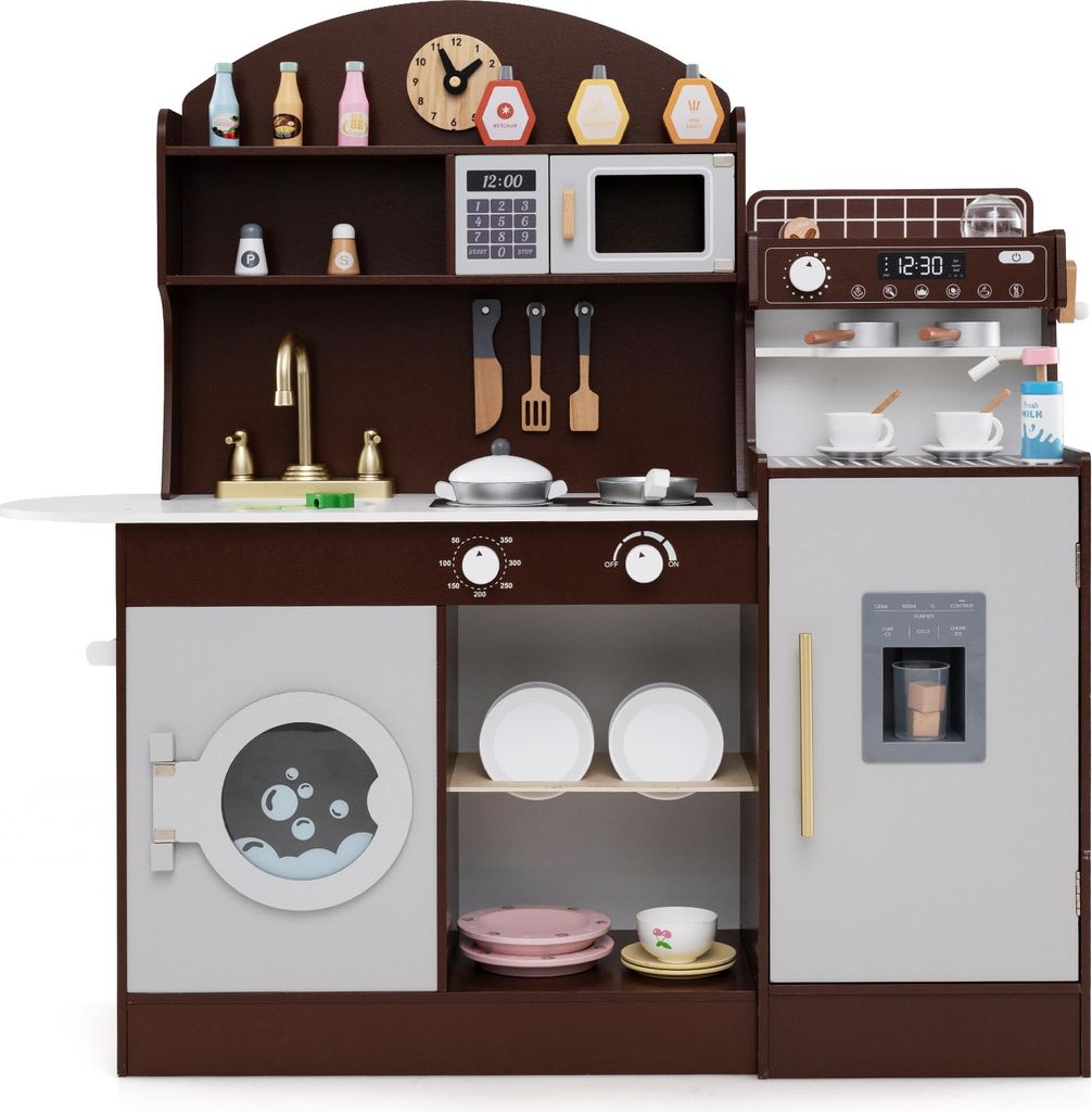 DREAMADE Kinderküche, Holz-Küchenset mit Uhr, Herd, Spüle, Kaffeemaschine, Eiswürfelmaschine & Waschmaschine, Mikrowelle, für 3 Jahre+, Braun