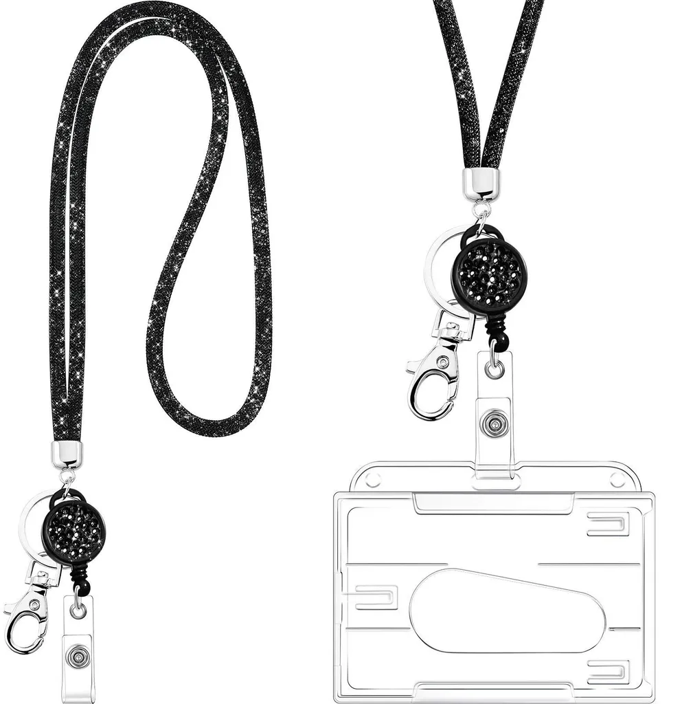 Porte-clés porte-carte pour femme avec strass noirs et anneau solide