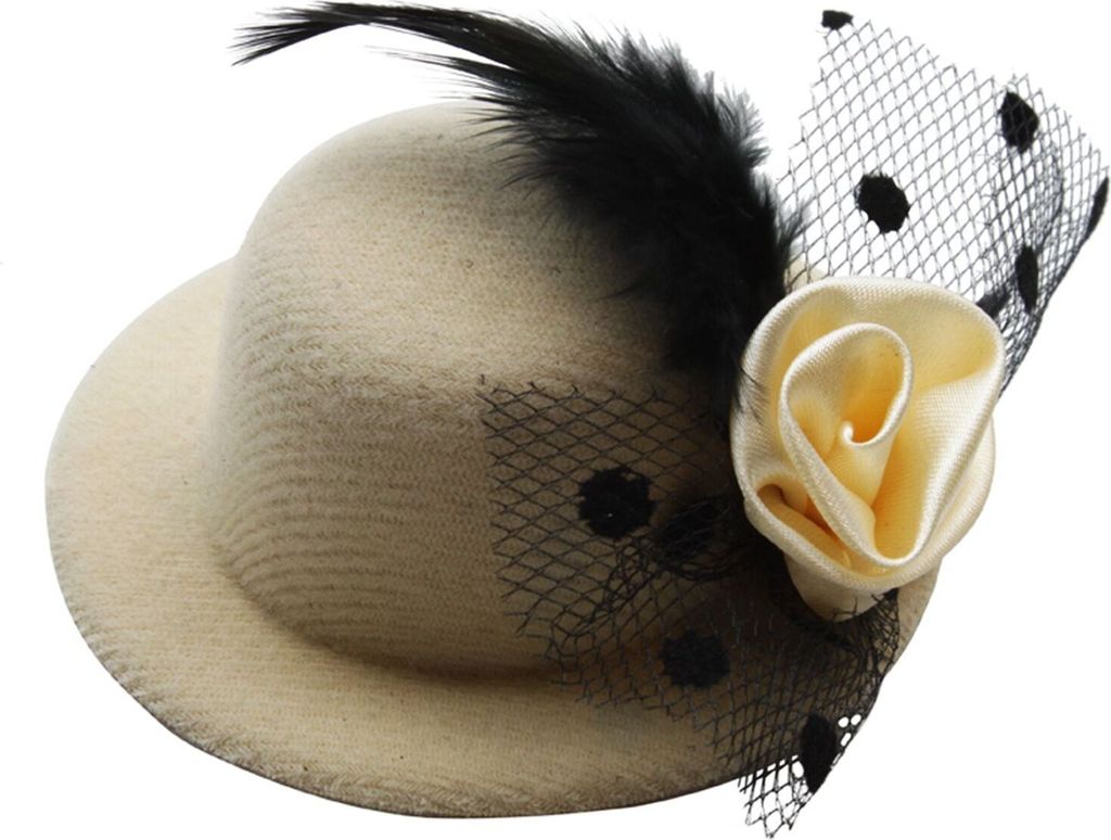 Haarklammer Hut & Feder - Haarspange - Haarclip - mittelgroß - beige
