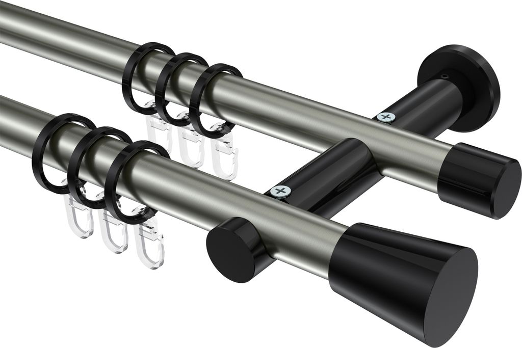 Interdeco Gardinenstange / Vorhangstange Edelstahl-Optik / Schwarz, Typ Platon Sitra (Konus), 20 mm Ø 2-läufig, 420 cm