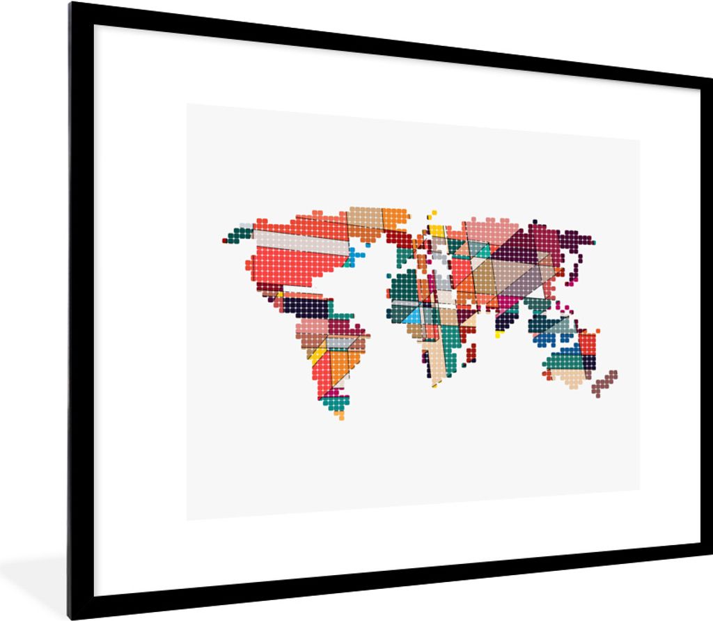 MuchoWow MuchoWow Gerahmtes Poster Moderne Weltkarte geometrische Formen 80x60 cm - Poster mit zchwarzem Bilderrahmen - Schlafzimmer-Dekoration...