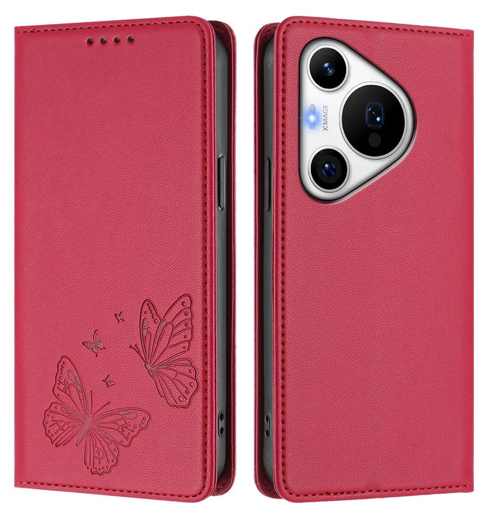 Lederhülle für Huawei Pura 70 Pro/Pura 70 Pro+, Schmetterling Prägung Leder Brieftasche Schutzhülle mit Ständer Rot