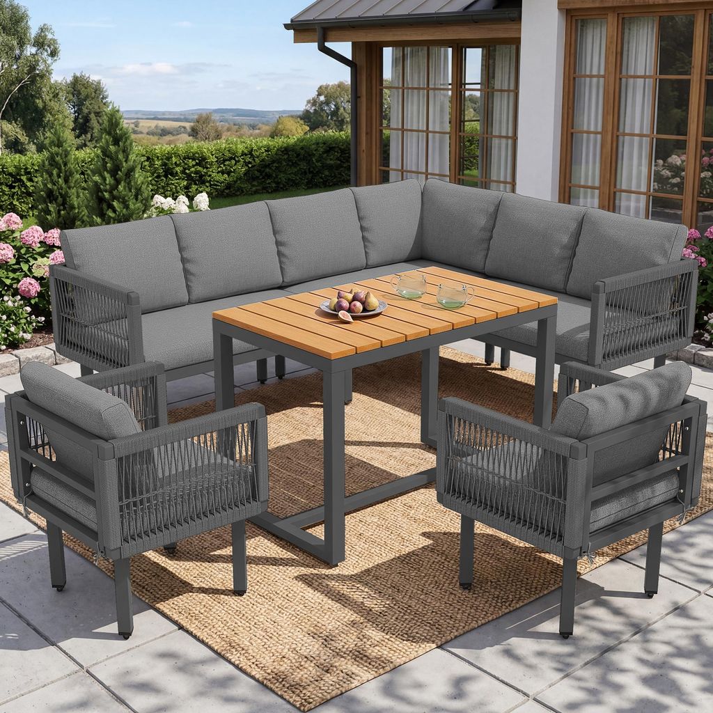 okwish Outdoor-Sofa-Set mit Tisch und Ecksofa, Gartenmöbel-Set mit 2 Sesseln, Gartensofa mit Sitzkissen, Seilgeflecht-Design, Grau