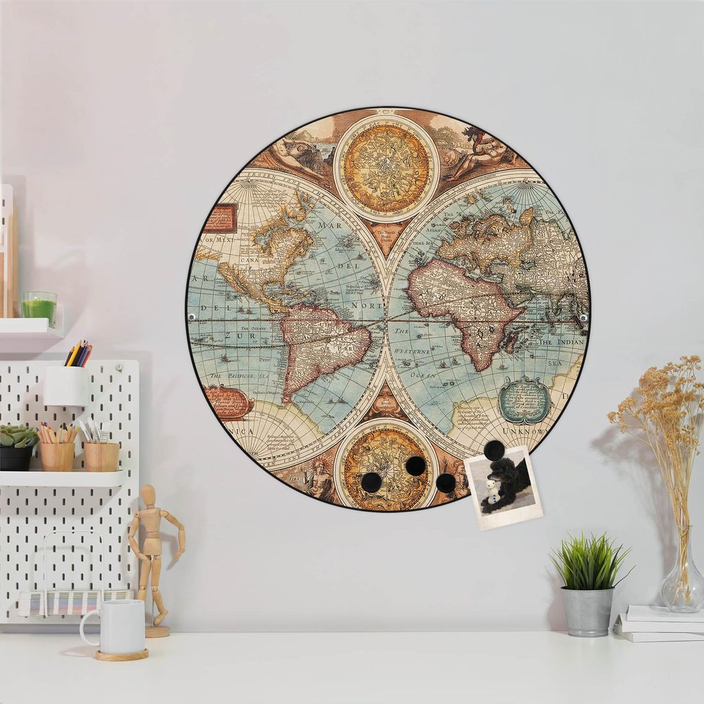 Design Stahlmagnettafel Schwarz Rund 47cm Historische Weltkarte