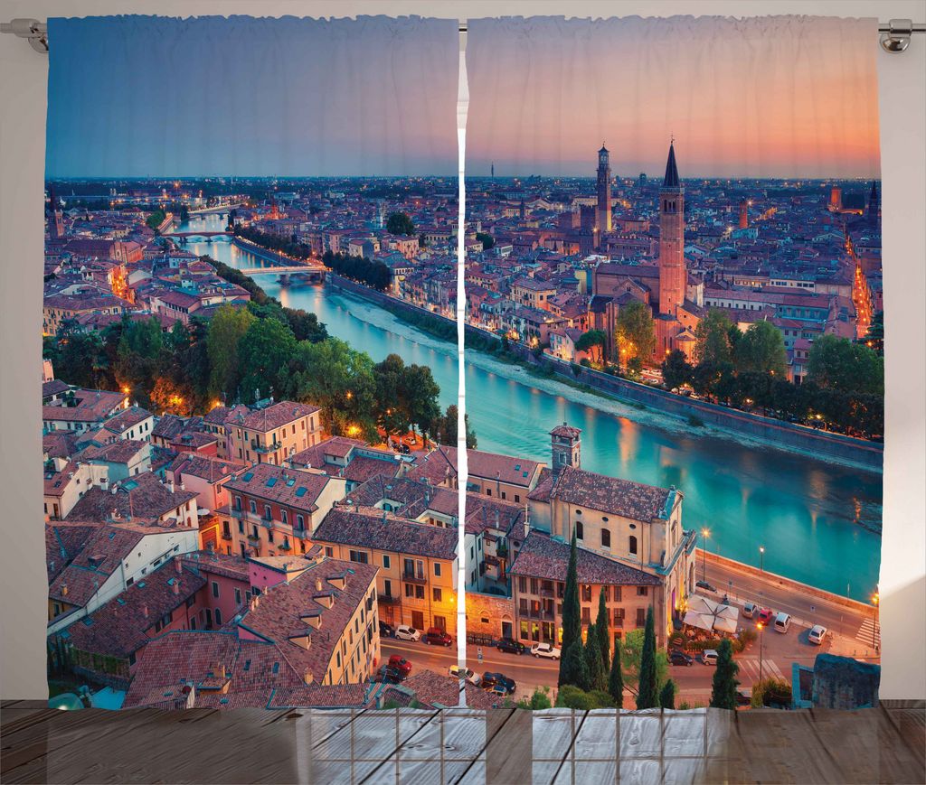 ABAKUHAUS europäisch Rustikaler Gardine, Verona Italien Blaue Stunde, Schlafzimmer Kräuselband Vorhang mit Schlaufen und Haken, 280 x 225 cm, Kor...