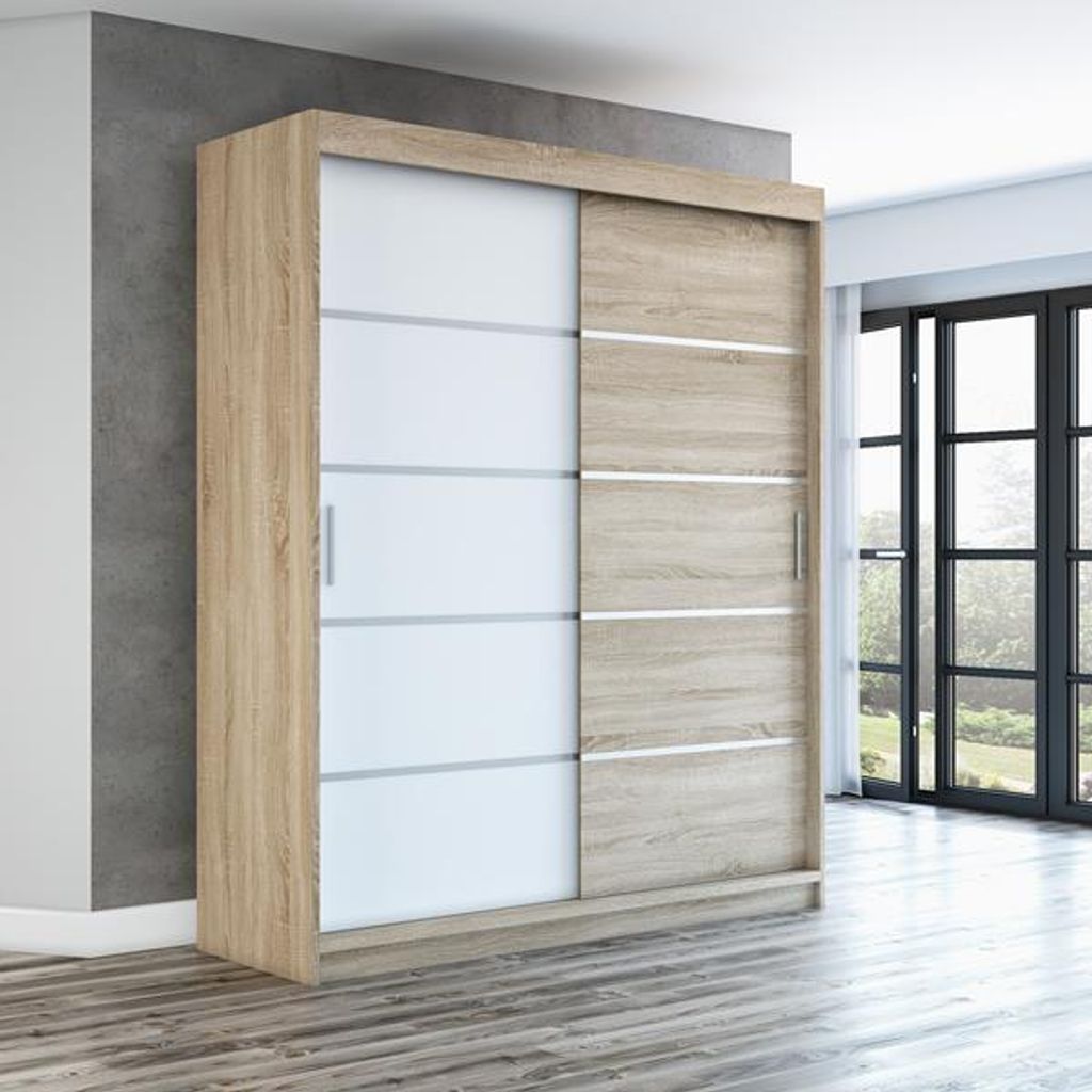 Schwebetürenschrank, 2-türig Schrank! Moderne Garderobe für Kleidung. Verschiedene Farben (Weiß, Schwarz, Somona) Kleiderschrank PARIS 180 cm
