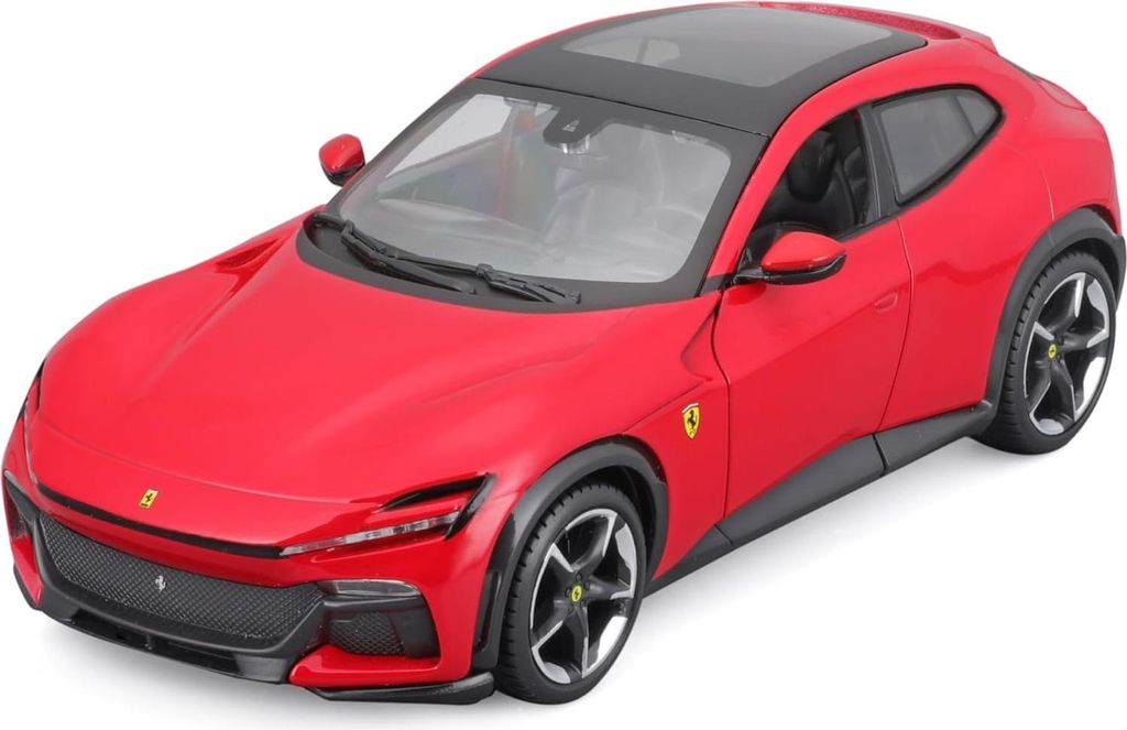 A red Ferrari Purosangue model car is shown from a slightly elevated front-side angle against a white background.