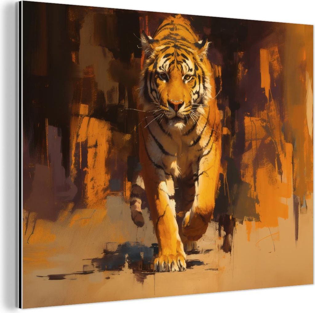 MuchoWow Wanddekoration Metall Metallbild Wandkunst 40x30 cm Tiger - Gemalt - Orange - Pinselstriche MuchoWow Aluminium Gemälde - Dekoration Wohnz...
