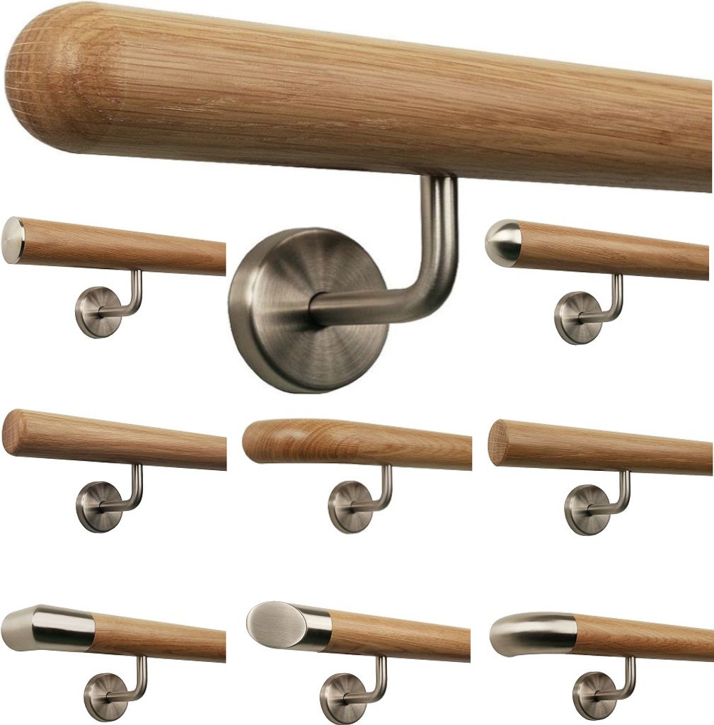 TIBU Eiche Holz Handlauf Geländer 0,3m - 5m, Länge 340 cm, Ende Halbkugel gefräst und 5 gewinkelte Halter