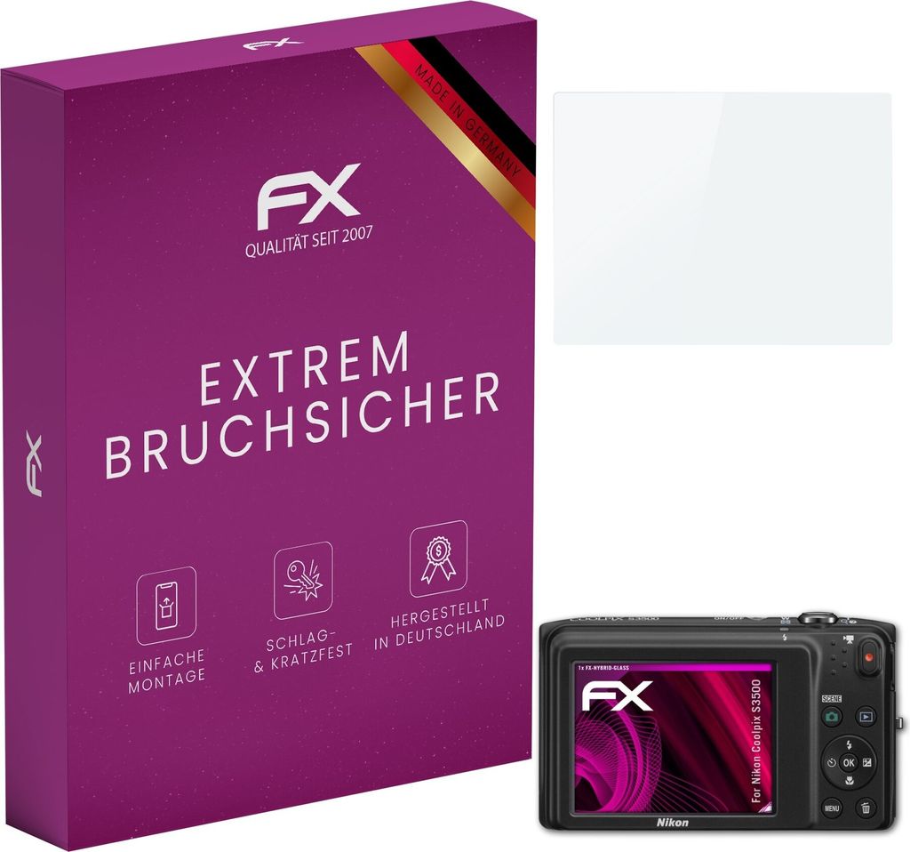 atFoliX FX-Hybrid-Glass Displayfolie kompatibel mit Nikon Coolpix S3500 Glasfolie