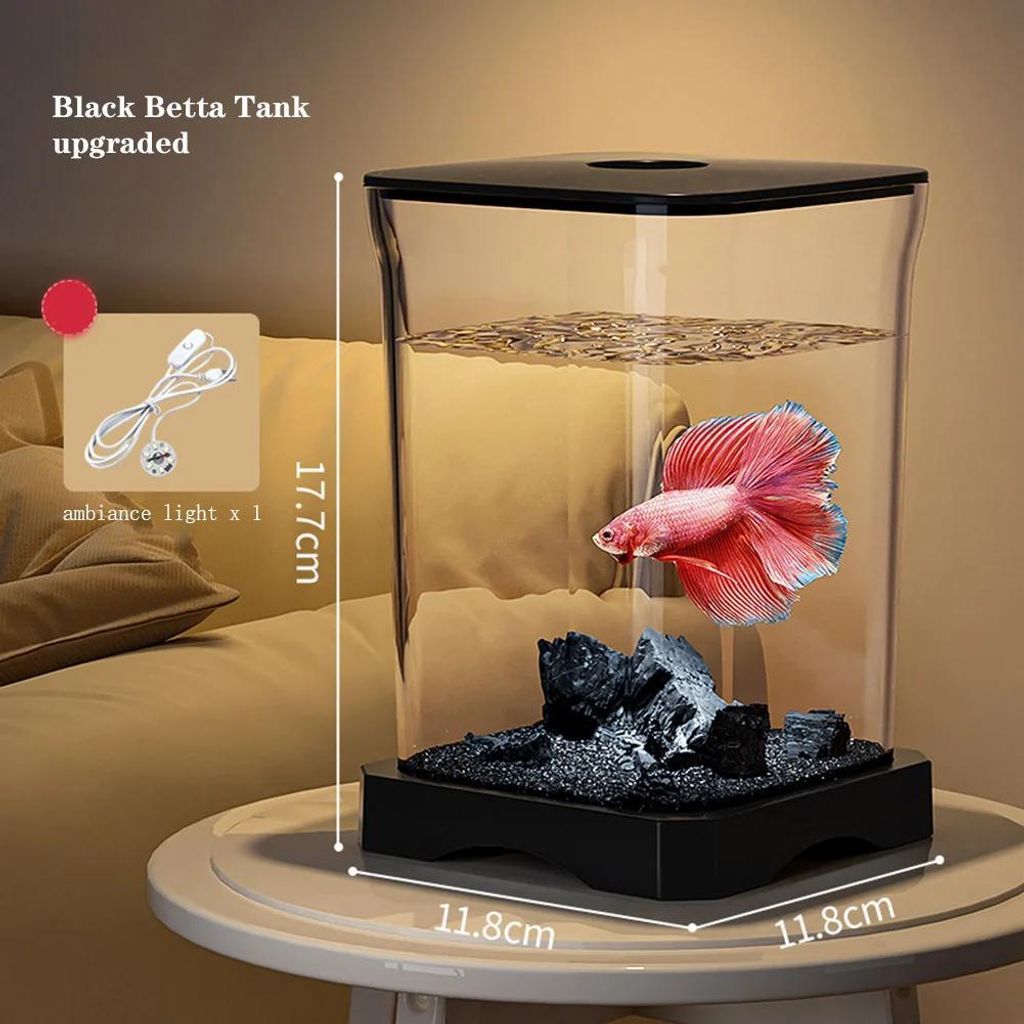 Schreibtisch-Aquarium - Starterset - LED-Beleuchtung - Kleines Nano-Aquarium für Fische - Transparenter Kunststoff - Für Zuhause & Büro - Schwarz