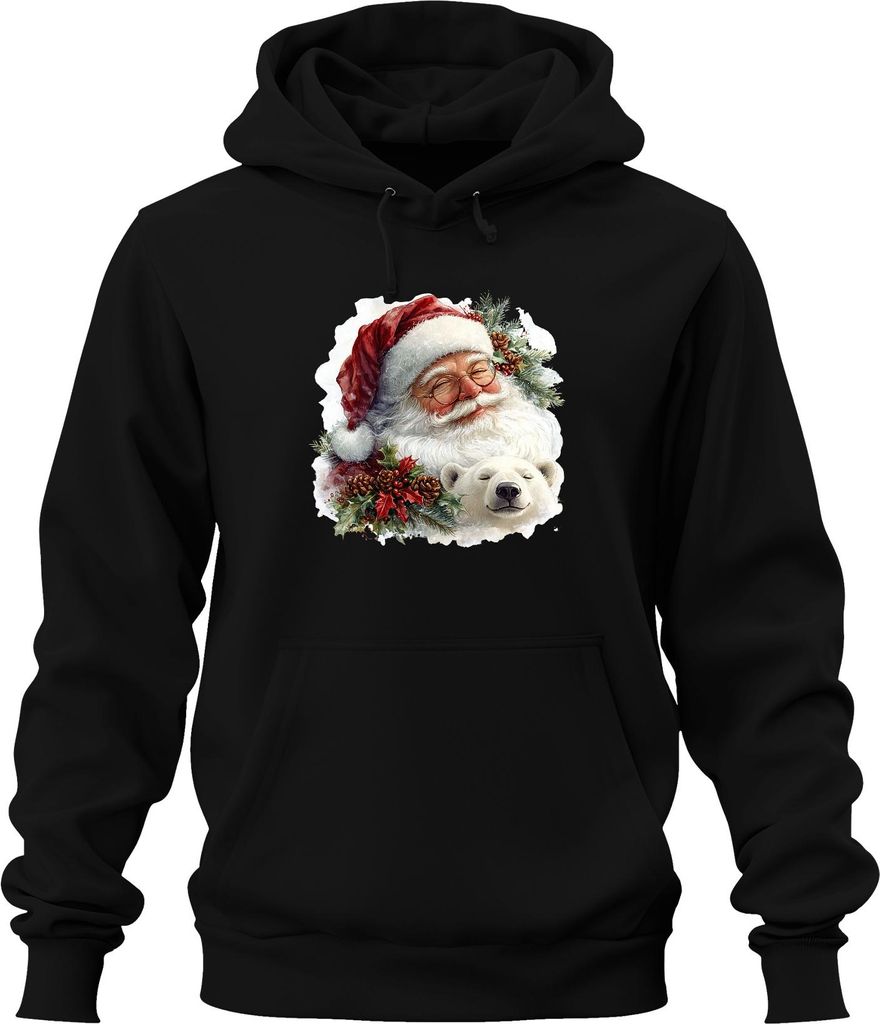 Weihnachtsmann Eisbär Tannenzapfen Stechpalme Weihnachten Vintage Uni Hoodie Kapuzenpullover, Schwarz, 3XL