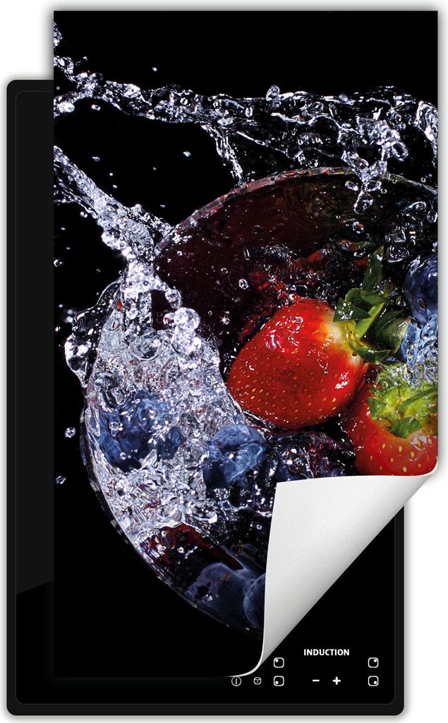 DarHaus Herdabdeckplatte 1 teilig 30x52 cm Anti Rutsch Matte Aufrollbar, schwarz - wasser Obst
