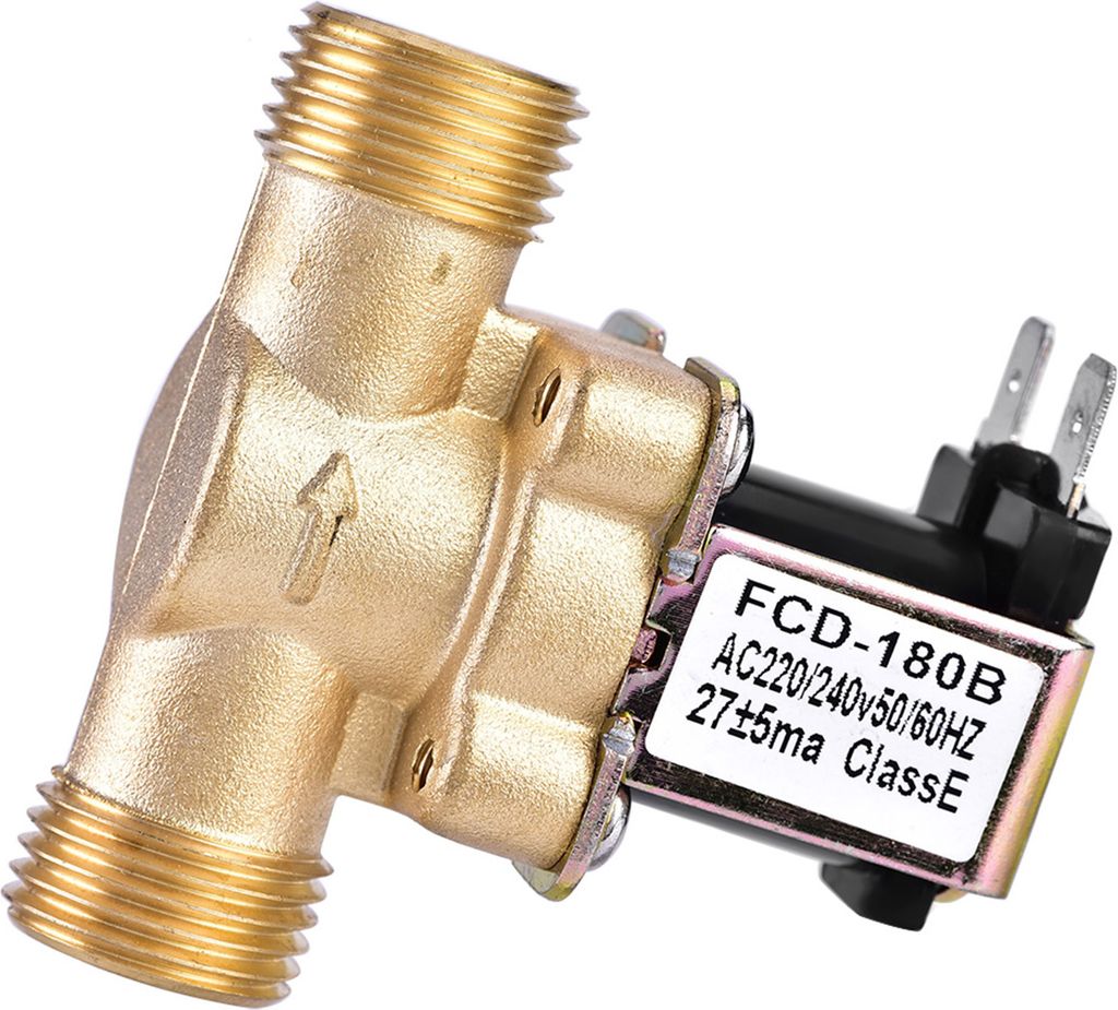 A close-up studio shot of a brass solenoid valve with a black coil.
