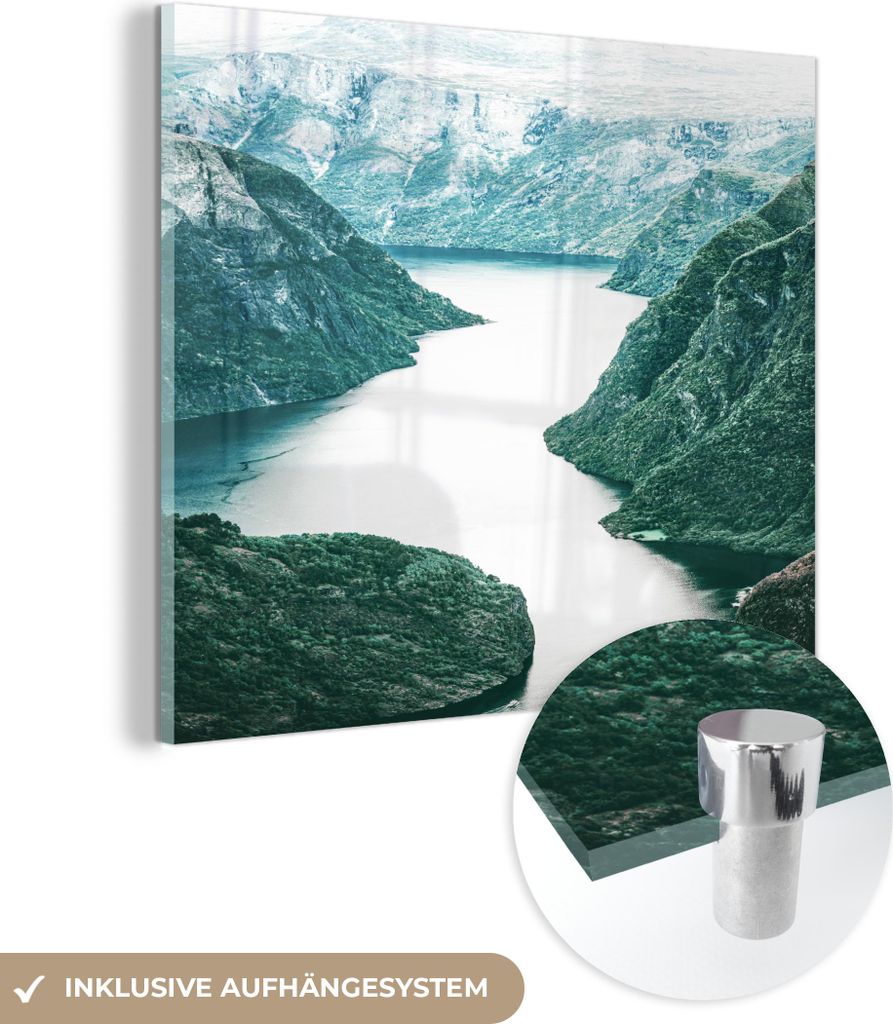 MuchoWow Glasbilder - Bilder auf Wandbild - Foto auf Glas Natur - Berge - Grün - Fluss 20x20 cm Wanddekoration aus Glas - Acrylglasbild - Acrylbil...