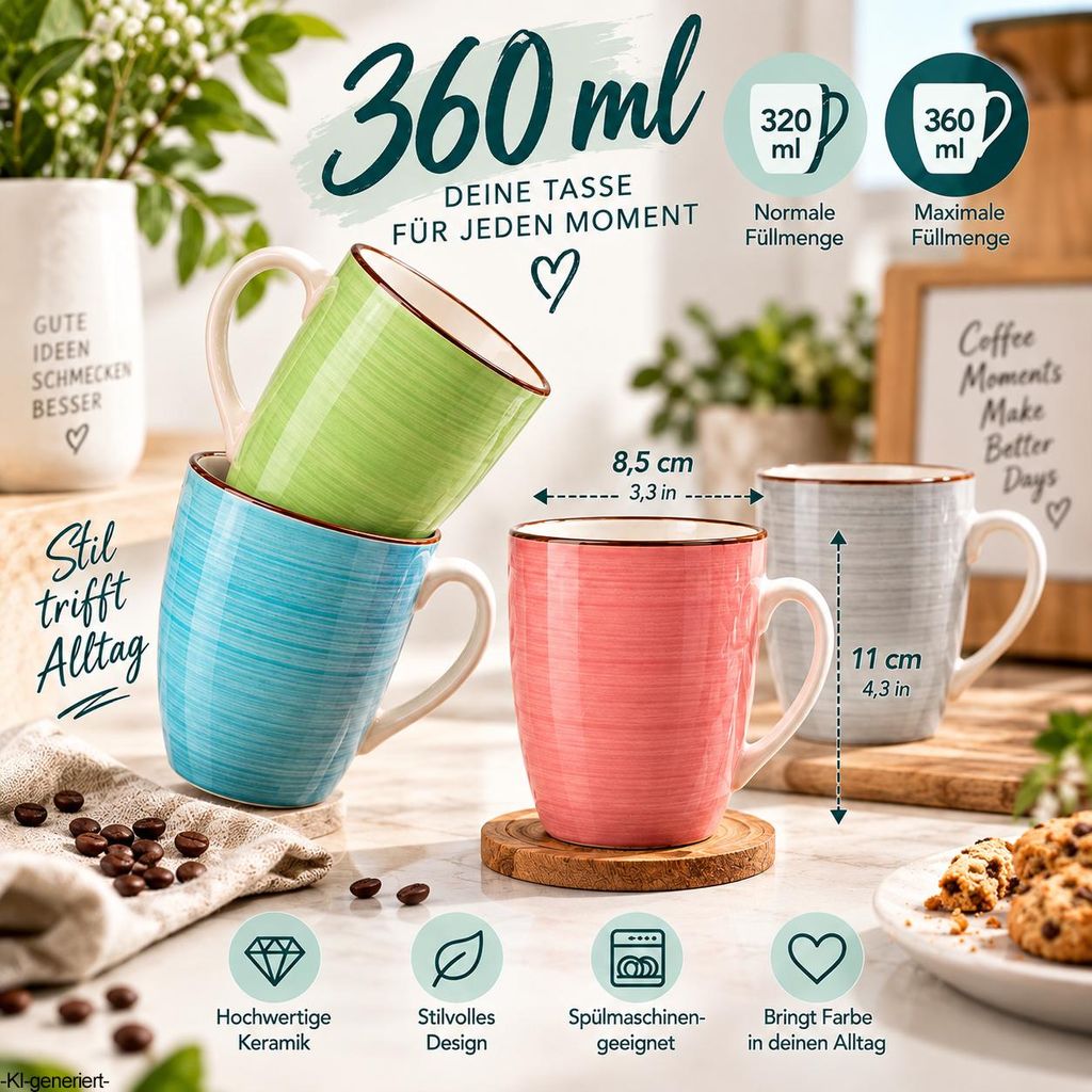 8er Set Kaffeetassen 360 ml – Bunte Keramik Kaffeebecher
