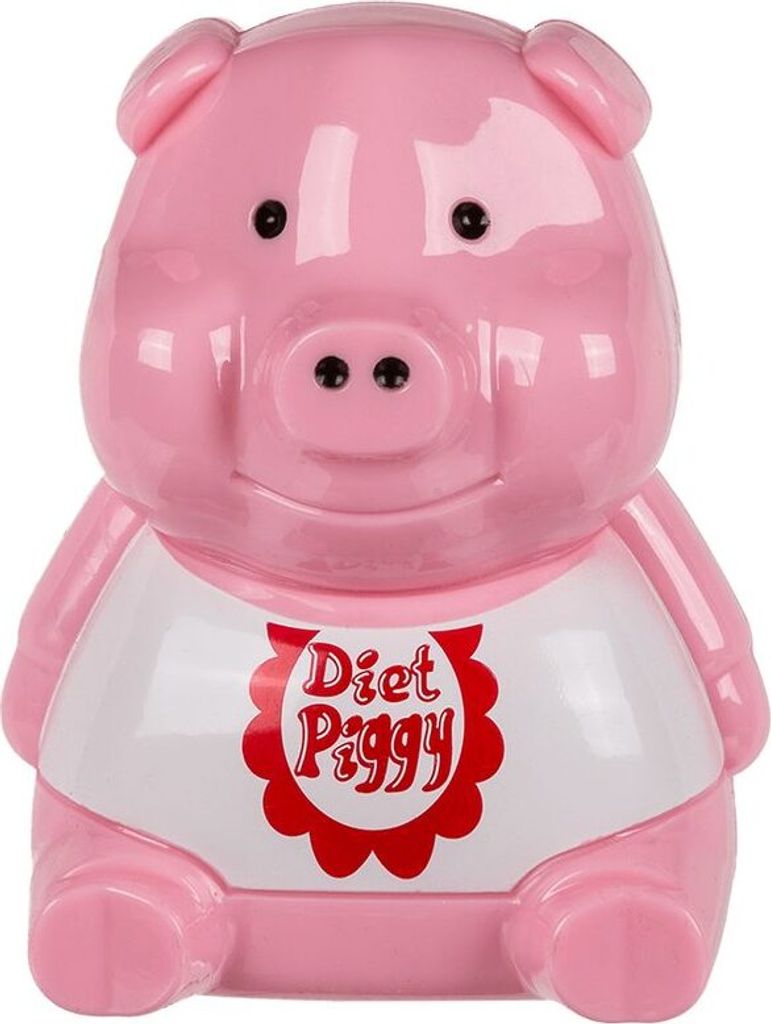 A pink piggy bank with a white bib that says "Diet Piggy".