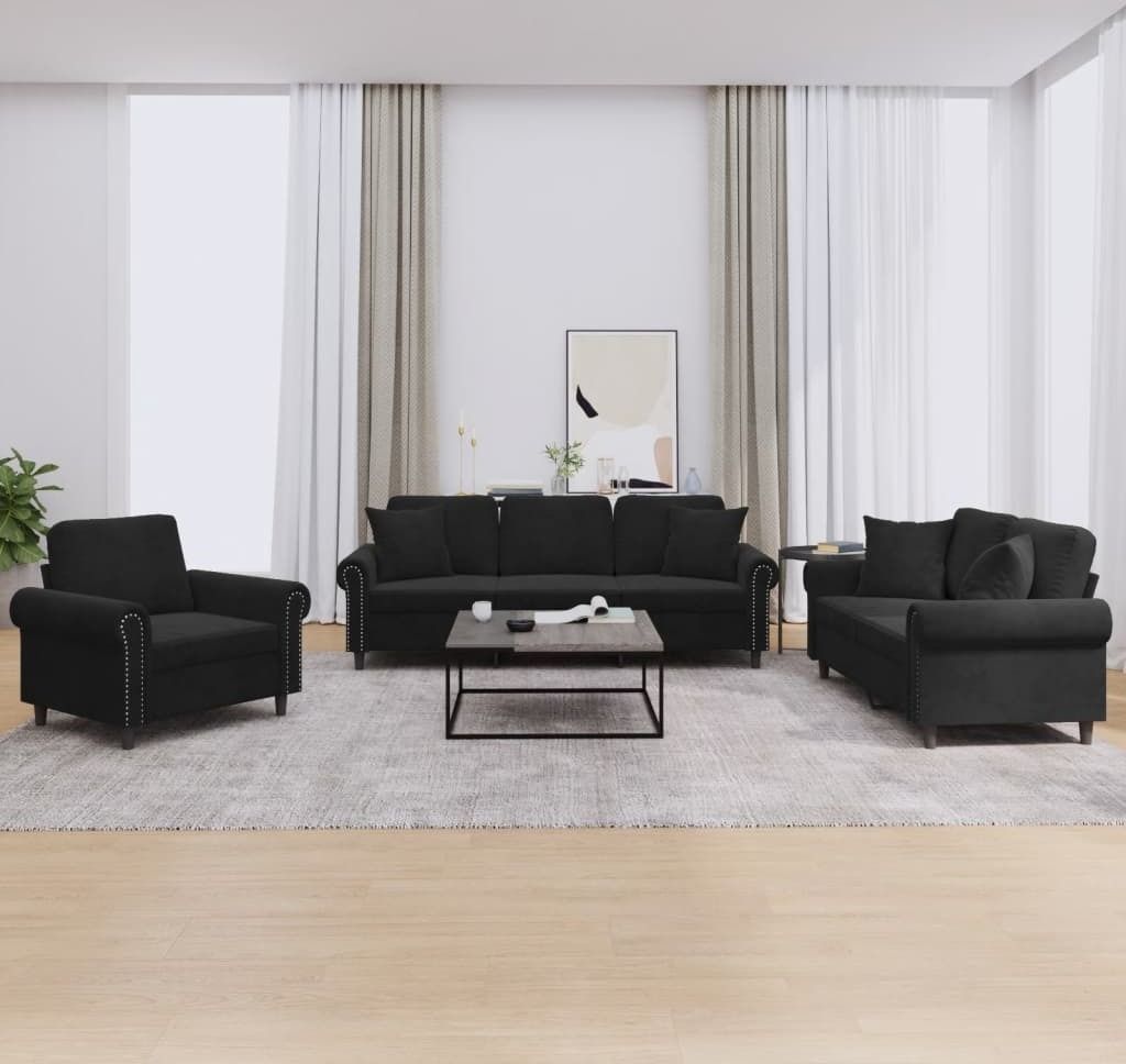 Möbel 3-tlg. Sofagarnitur mit Kissen Schwarz Samt - Klassische Sofas 3202195