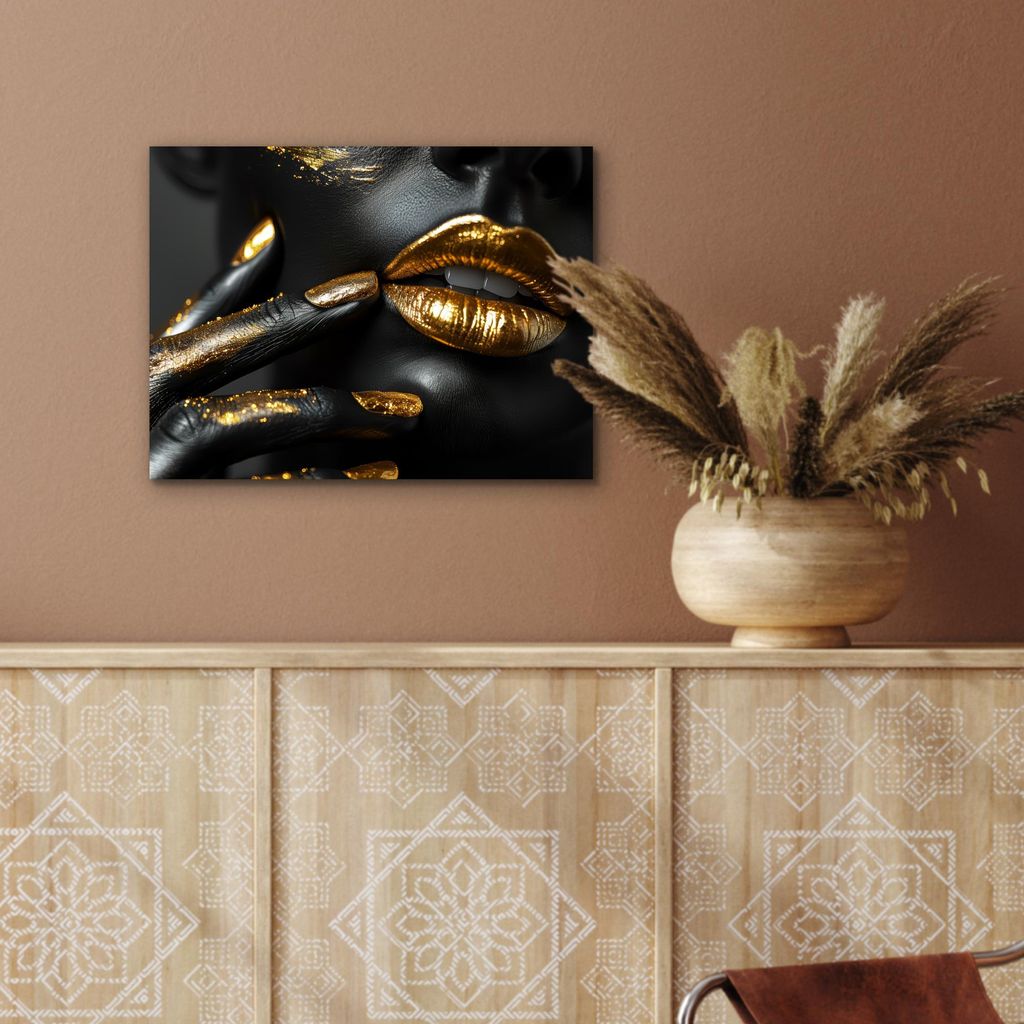 MuchoWow Wanddekoration Metall Metallbild Wandkunst 40x30 cm Lippen - Gold - Abstrakt - Schwarz - Frau MuchoWow Aluminium Gemälde - Dekoration Woh...