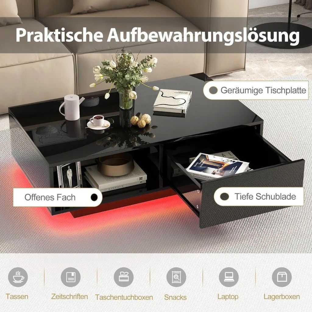Table basse noire LED pour soirée cinéma avec rangement et télécommande - 4
