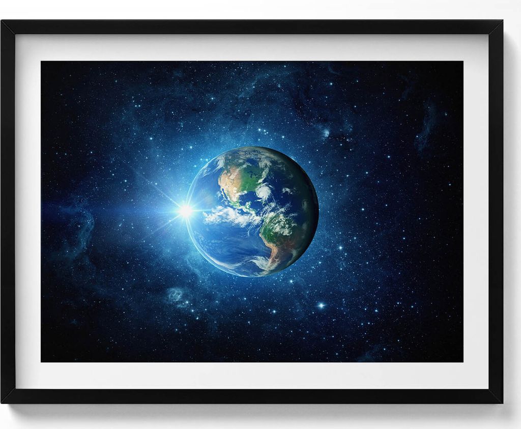 NASA - Erde, Galaxie und Sonne– Wandbild mit Rahmen – Gerahmtes Bild – Wanddekoration – 80x60 cm – Schwarz Rahmen