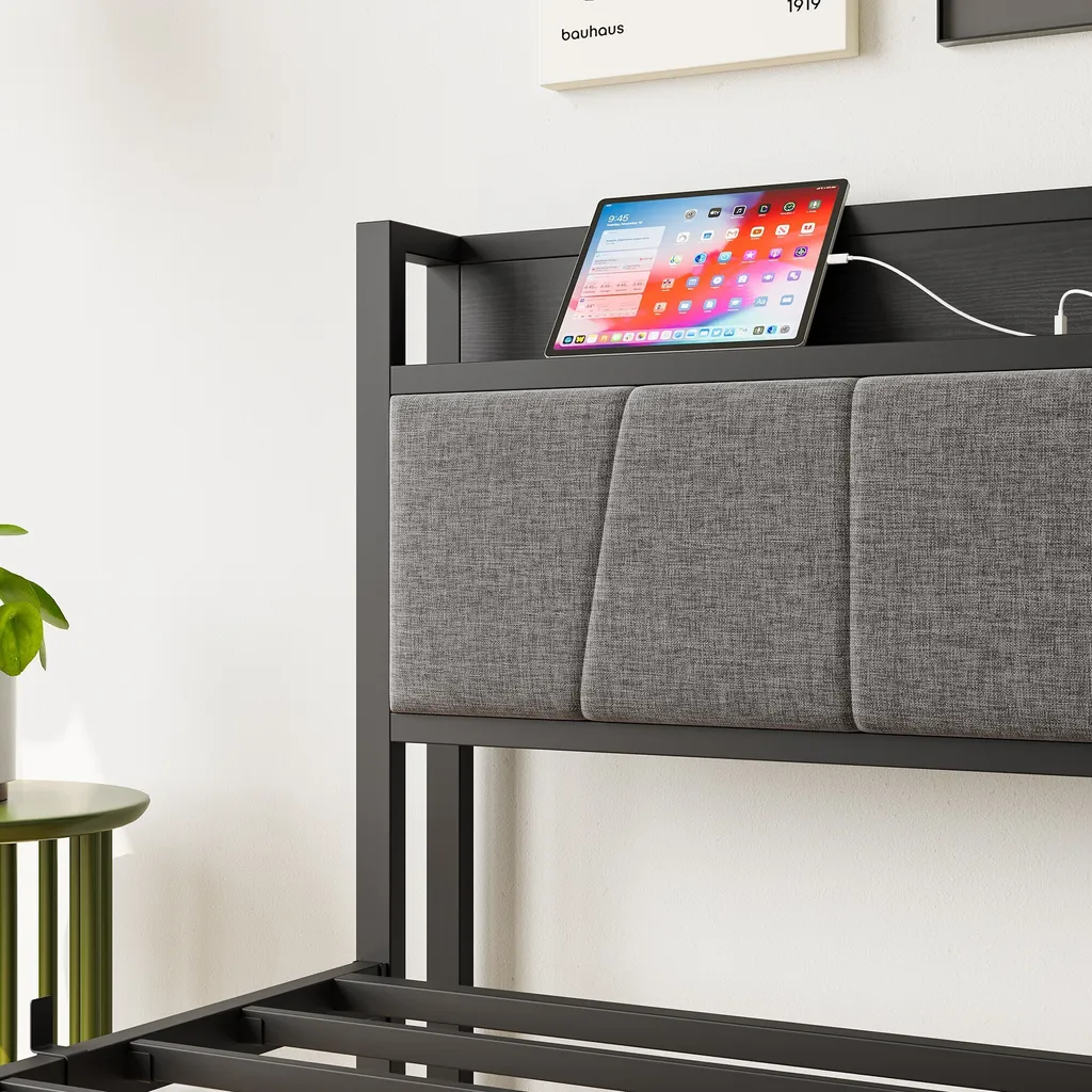 Lit métal 90x200 gris avec tête de lit MDF - Structure stable MODFU - 6