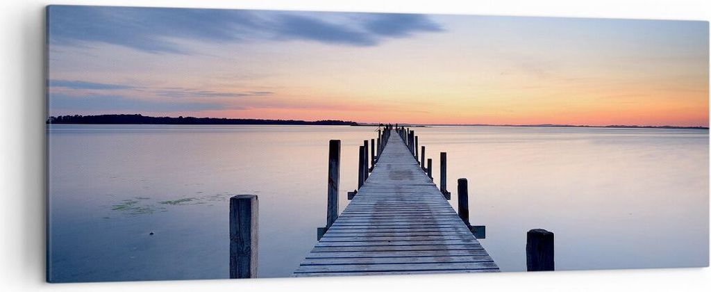 Bild auf Leinwand - Leinwandbild - Sonnenuntergang See Wasser Brücke - 140x50cm - Wand Bild - Wanddeko - Leinwanddruck - Bilder - Kunstdruck - Lei...