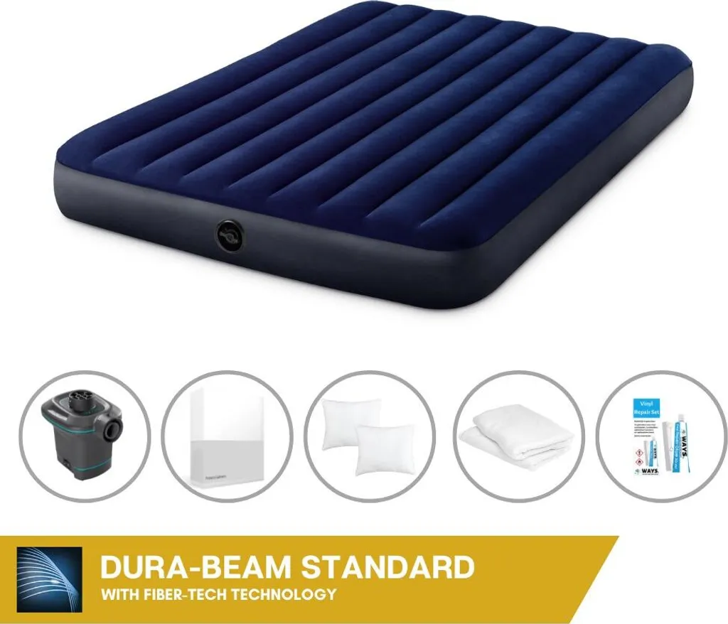 Letto ad aria Intex - 2 persone - 152 x 203 x 25 cm cm - Blu + pompa elettrica Intex - 650 litri/min + lenzuola bianche + cuscino + federe Molton 2 in 1 + set di riparazione