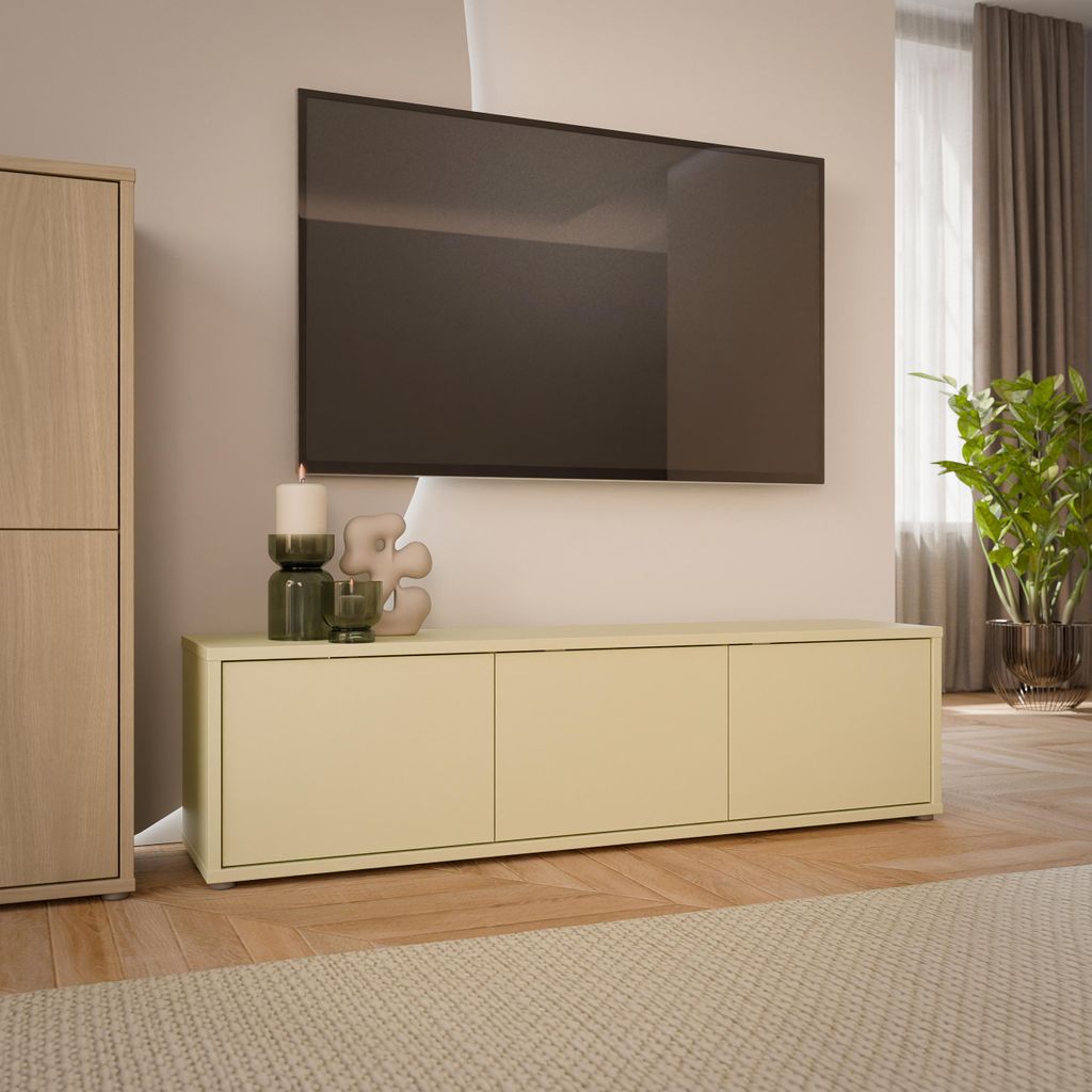 Forte ALICE SPRINGS TV-Schrank 150, modern-minimalistisch, 3-türig, Lowboard, Wohnzimmer, Holzwerkstoff, Buttergelb, 154,2 cm breit x 41,5 cm hoch...