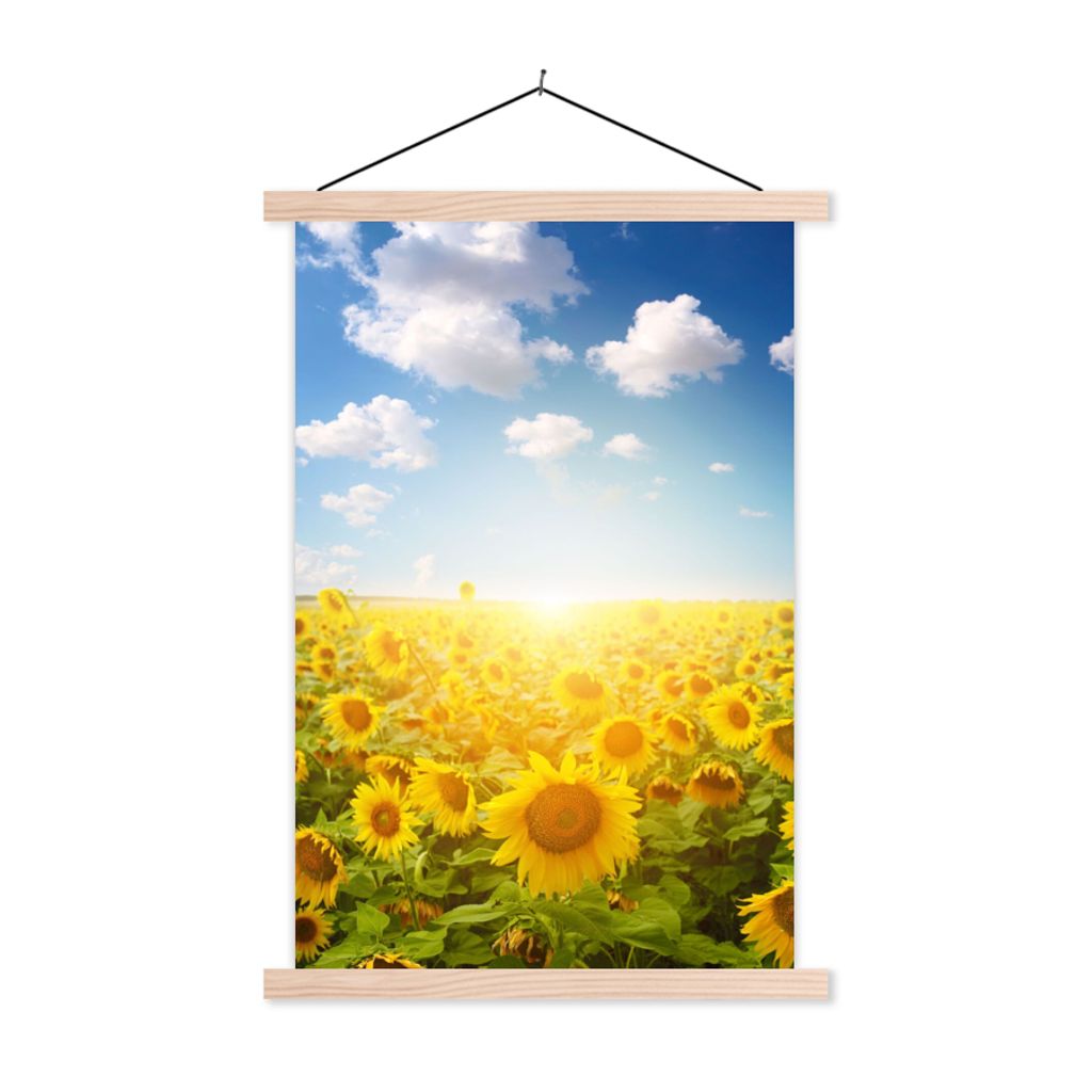 MuchoWow Textilposter Sonnenblume - Sonne - Wolken 60x90 cm mit holzfarbenen Rahmen - Textil