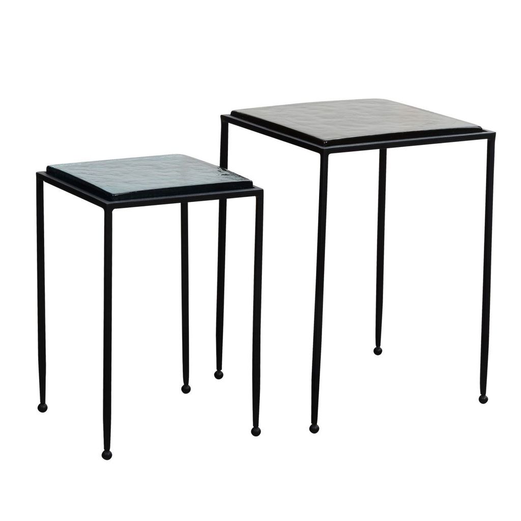 Beistelltisch 2er Set Blau Schwarz Design Satztisch Glas Metall Eckig, Wohnzimmertisch Modern, Ausgefallener Couchtisch Quadratisch, Sofatisch 2-te...