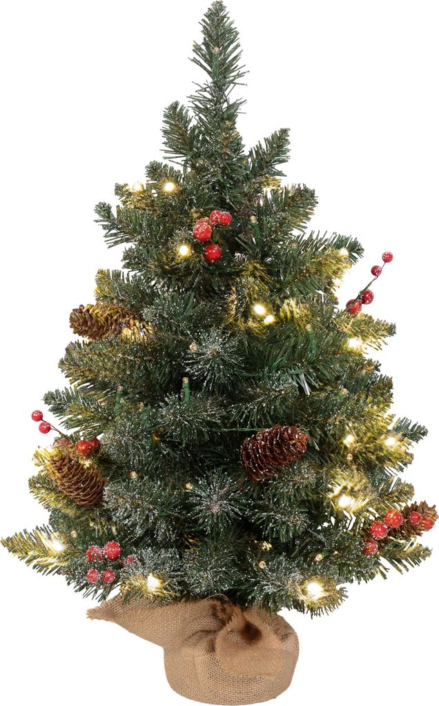 LED-Weihnachtsbaum 60 cm mit Tannenzapfen, roten Beeren, Ständer, Grün/Weiß