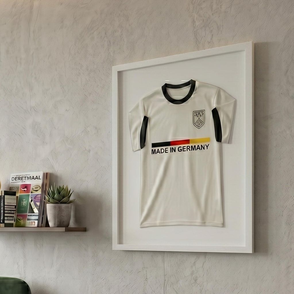 K-Möbel Premium Echtholz Trikotrahmen Weiß 50x70 cm für Kindertrikots & Fan Shirts - Germany - Trikot Rahmen mit weißem Hintergrund und extra b...