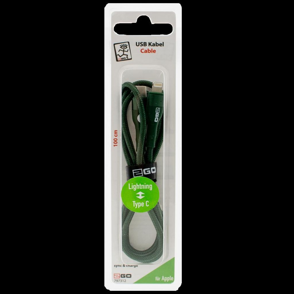 2GO 797312, 1 m, Lightning, USB C, Männlich, Männlich, Grün Produktbild 