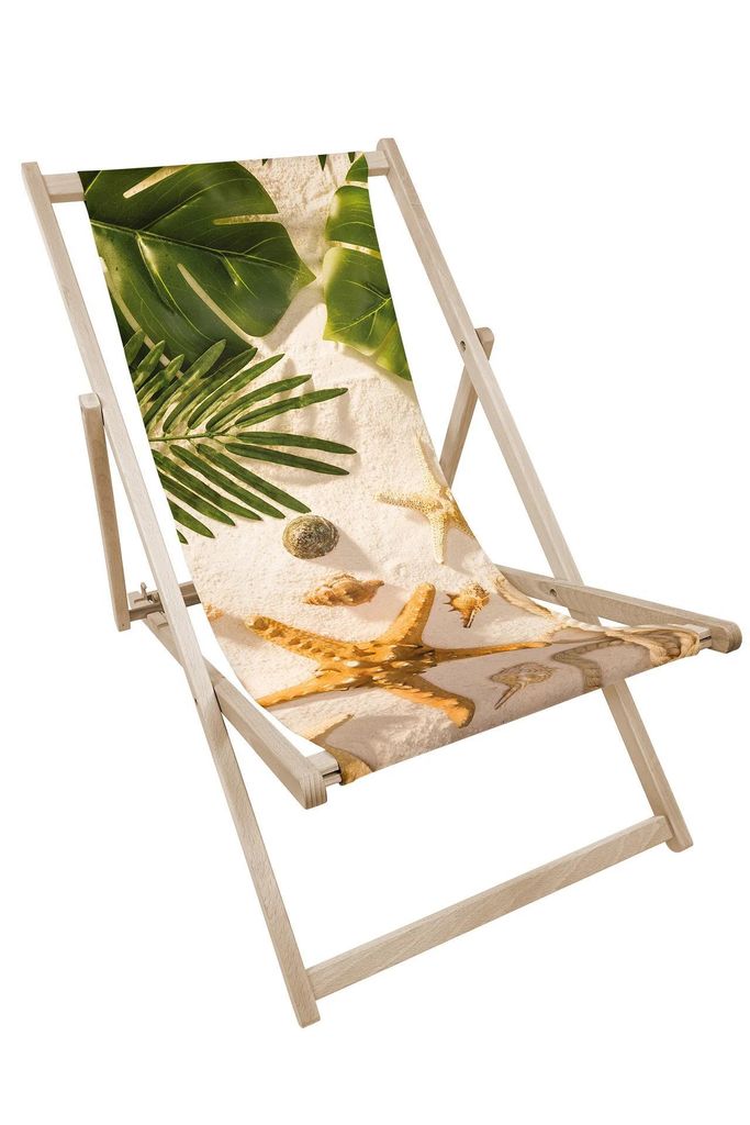 Holz Liegestuhl klappbar „Seesterne im Sand“ – Gartenstuhl Relaxstuhl Sonnenliege Balkon Terrasse