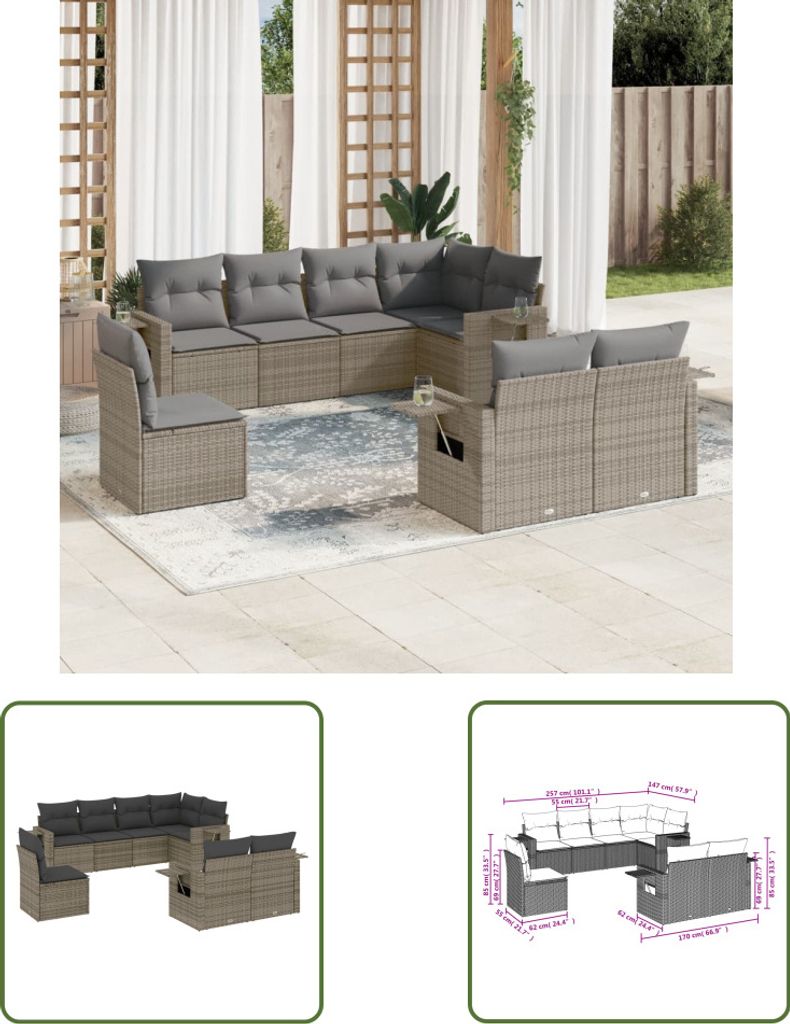 The Living Store 8-tlg. Garten-Sofagarnitur mit Kissen Grau Poly Rattan