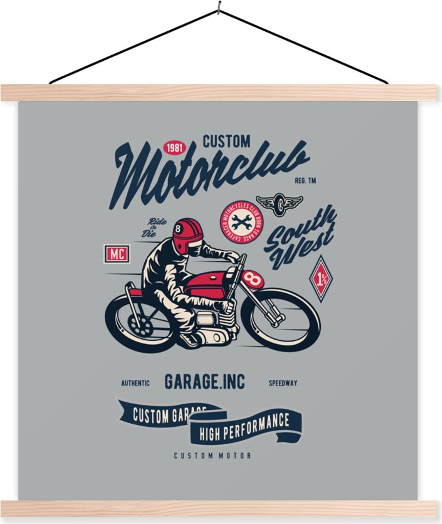 MuchoWow Textilposter Motorrad - Helm - Vintage - Zeichnung 120x120 cm mit holzfarbenen Rahmen - Textil-Poster