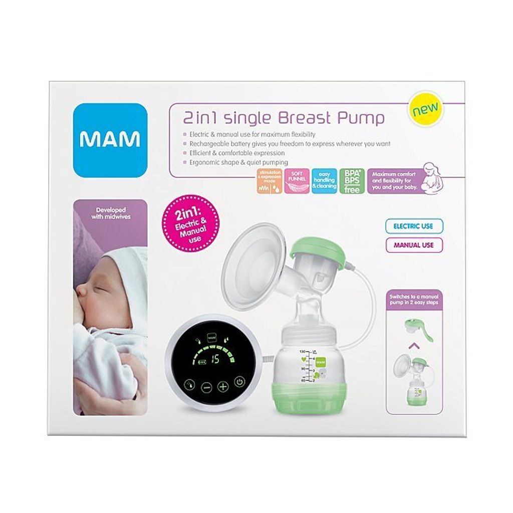 MAM Elektrische und manuelle 2-in-1-Milchpumpe, einfache und entspannte Handhabung, direkte Entnahme an der Flasche oder Konservierungsbehälter, S...