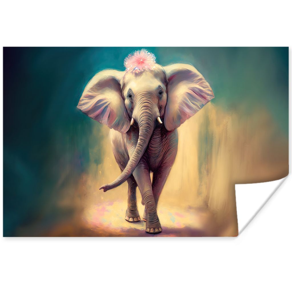 MuchoWow Poster Elefant - Tiere - Malen - Blumen - Porträt 180x120 cm - Fotoplakat