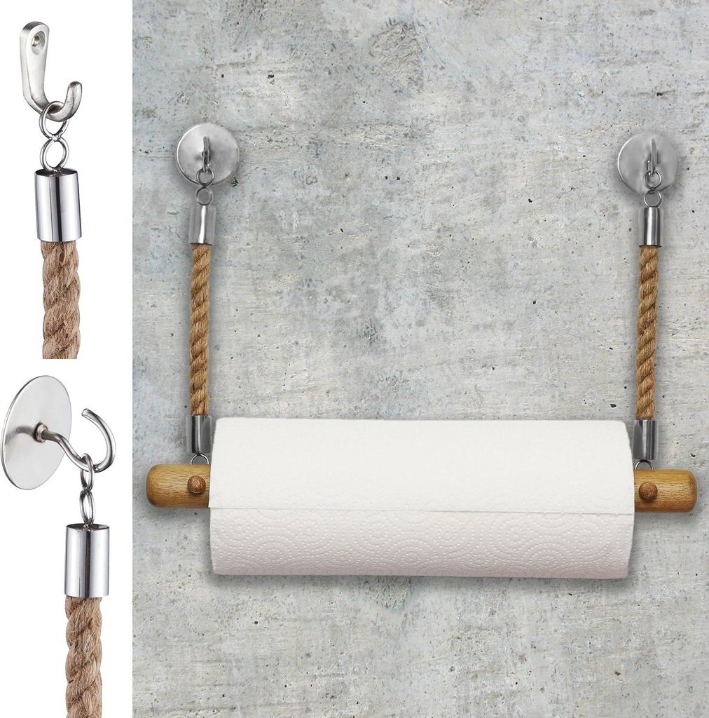 Küchenrollenhalter aus Holz mit Juteseil - Küchenregal für Küchenpapier - Küchenpapierhalter - Küchenrollenhänger - hängender Küchenrollen...