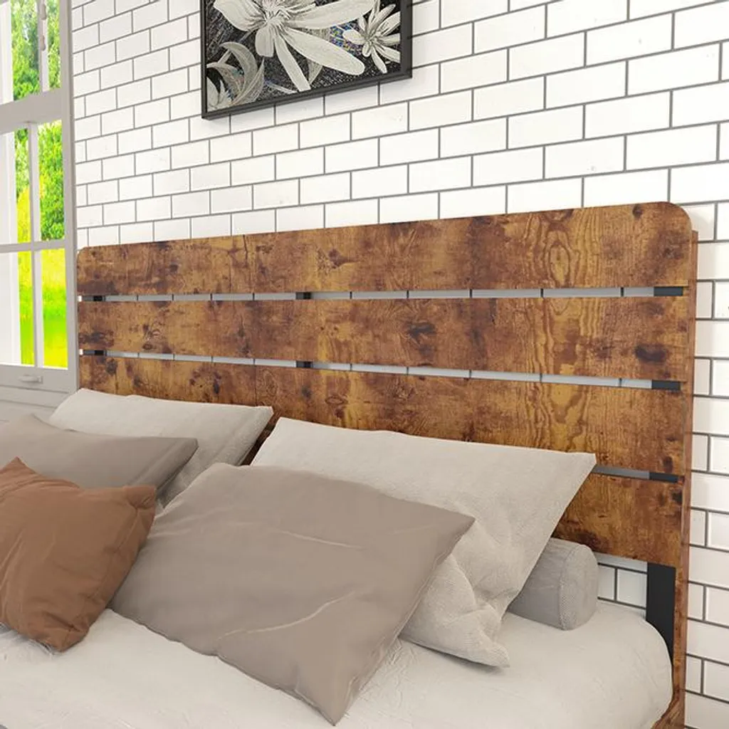 Lit double en bois 140x200 cm avec cadre en fer et sommier à lattes