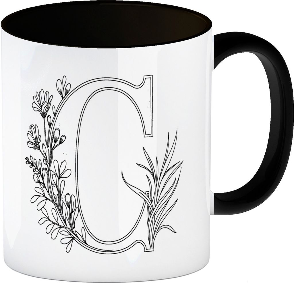 Floral Buchstabe C Kaffeebecher in schwarz zum Ausmalen für Kunstliebhaber