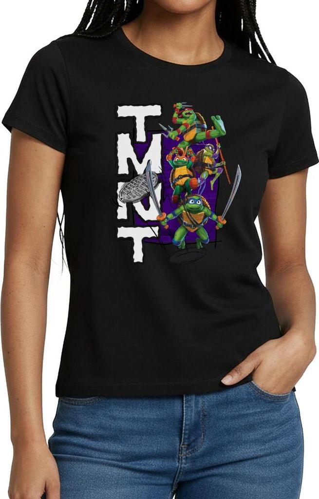 Spreadshirt TMNT Mutant Mayhem Donnie Mikey Leo Raph Frauen T-Shirt, L, Schwarz